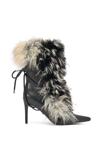 Azalea Wang Mahtama Black and Beige Fur Stiletto Bootie