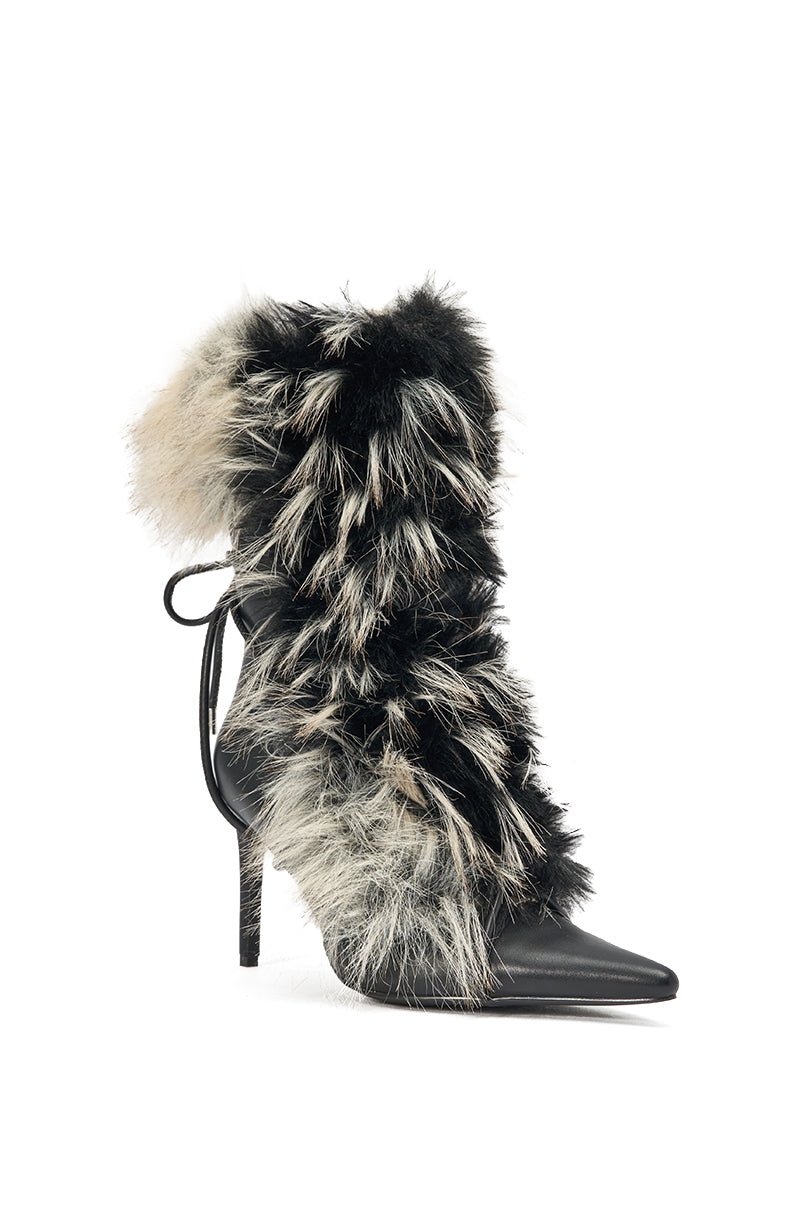 Azalea Wang Mahtama Black and Beige Fur Stiletto Bootie