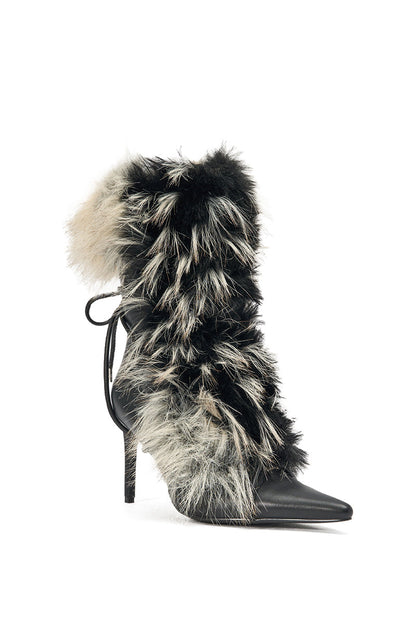 Azalea Wang Mahtama Black and Beige Fur Stiletto Bootie