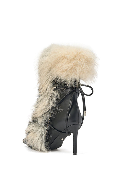 Azalea Wang Mahtama Black and Beige Fur Stiletto Bootie