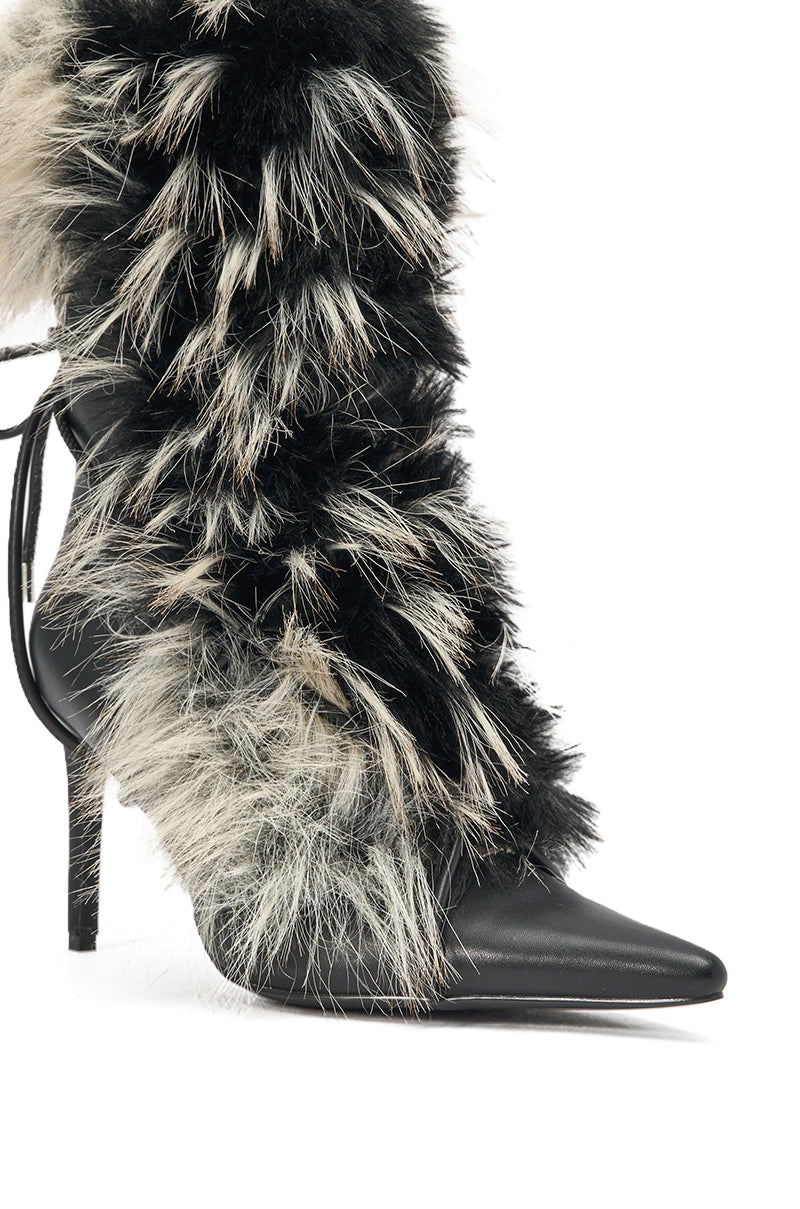 Azalea Wang Mahtama Black and Beige Fur Stiletto Bootie