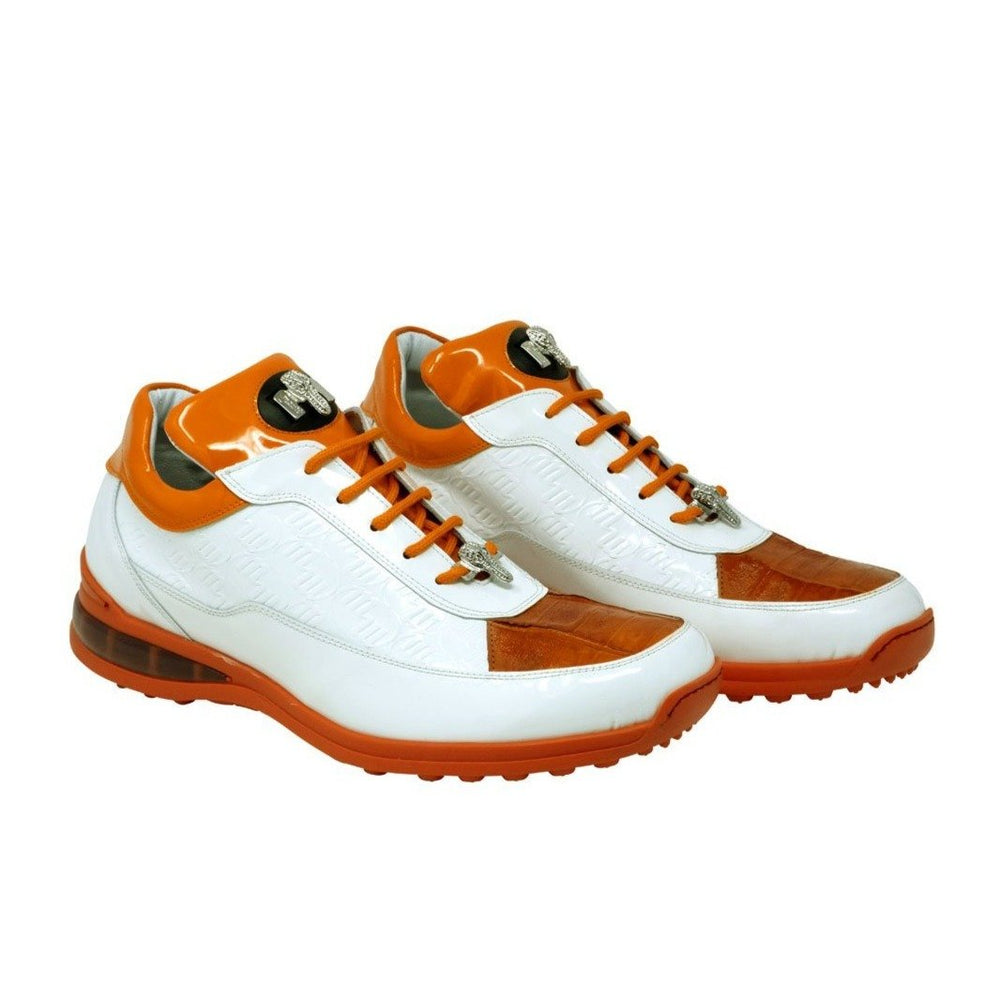 Mauri 8900-2 Bubble Patent Leather Embossed Baby Croc Sneakers White / Orange - Dudes Boutique