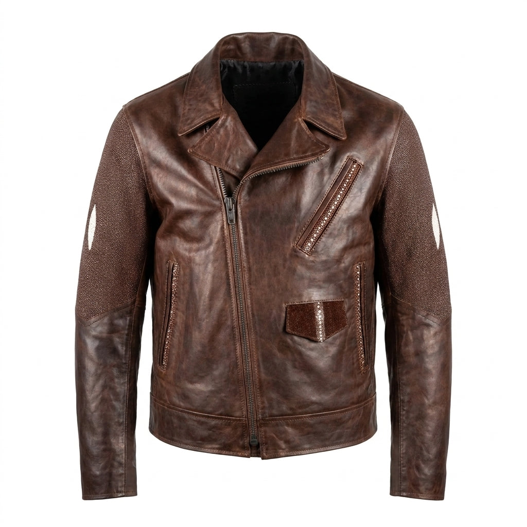 Kashani Chocolate Brown Stingray/Leather Biker Jacket