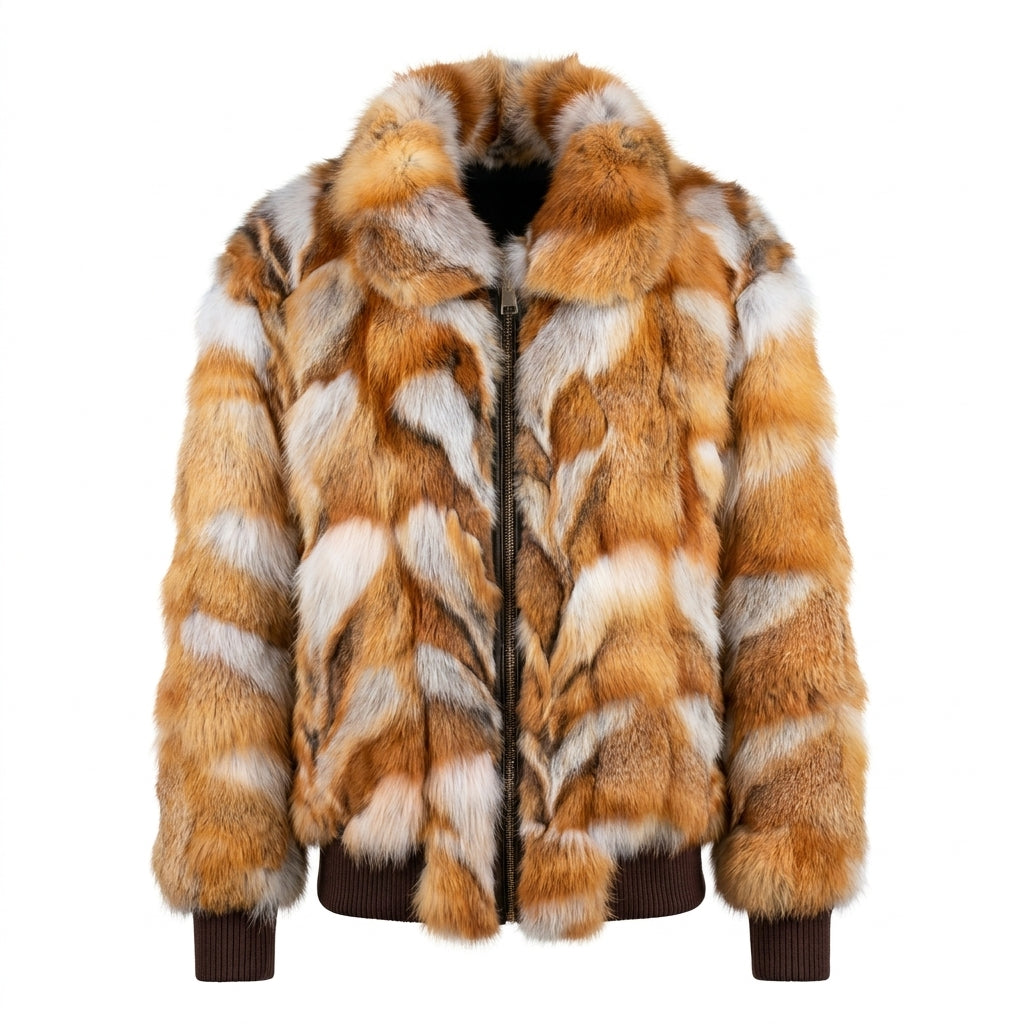 Kashani Men's Natural Red Fox Diamond Cut Bomber Coat