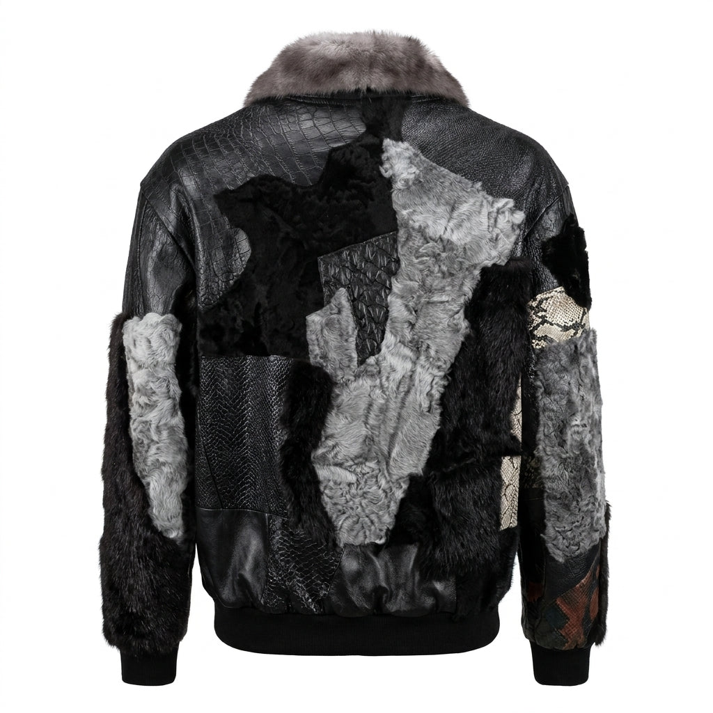 Kashani Black Patchwork Persian Lamb, Python & Crocodile Bomber Jacket