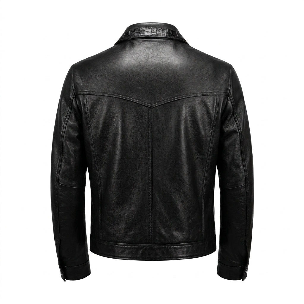 Kashani Black Leather Trucker Jacket with Crocodile Trim