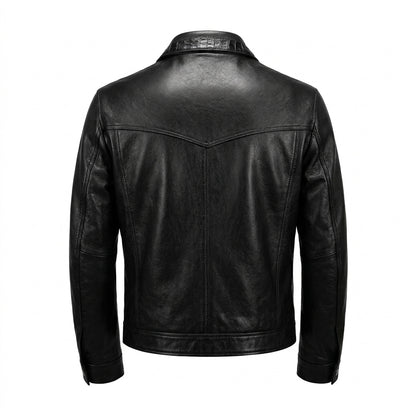 Kashani Black Leather Trucker Jacket with Crocodile Trim