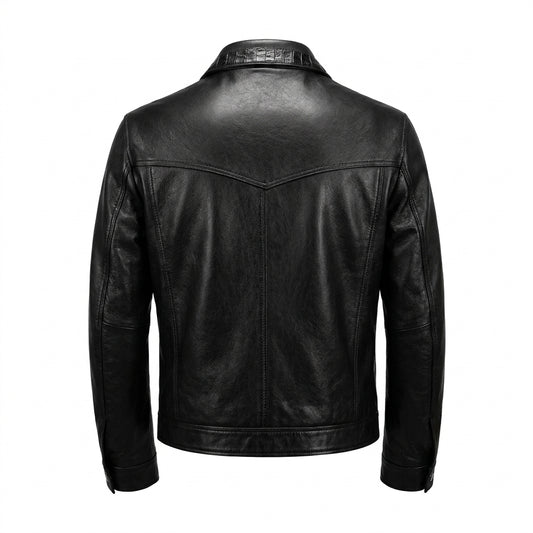 Kashani Black Leather Trucker Jacket with Crocodile Trim