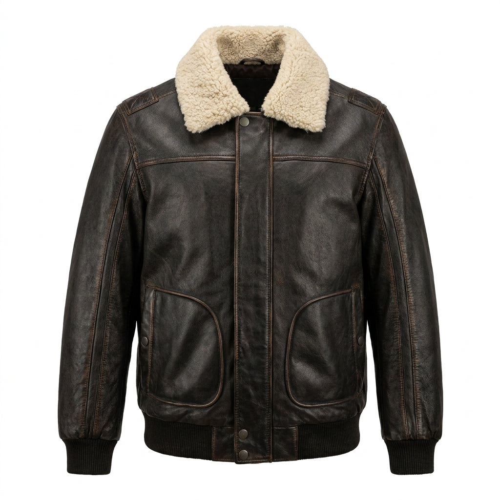 American Base New York Black Leather Aviator Bomber with Shearling Collar
