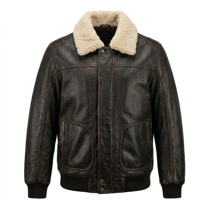 American Base New York Black Leather Aviator Bomber with Shearling Collar