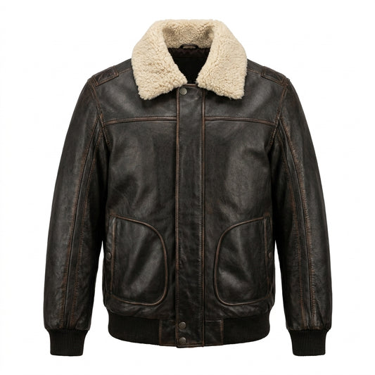 American Base New York Black Leather Aviator Bomber with Shearling Collar