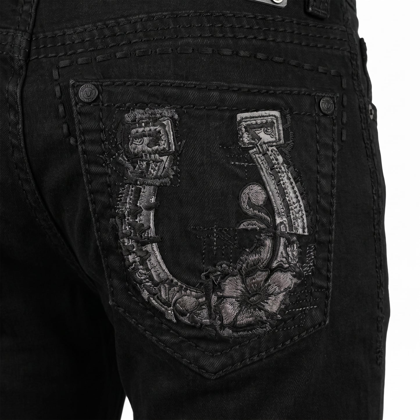 DeNiko Black Embroidered Floral Leather Patch Pocket Jeans