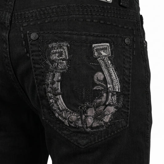 DeNiko Black Embroidered Floral Leather Patch Pocket Jeans