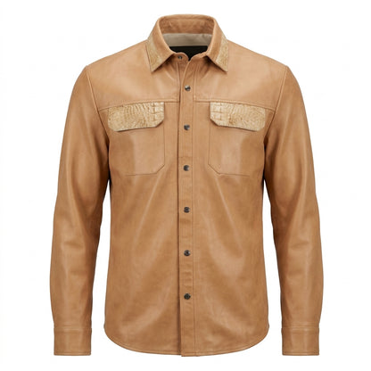 Kashani Men's Beige Lambskin Button-Up Shirt with Alligator Pockets