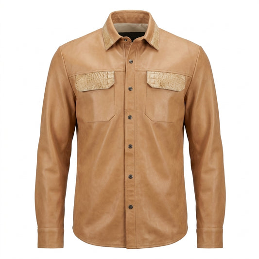 Kashani Men's Beige Lambskin Button-Up Shirt with Alligator Pockets