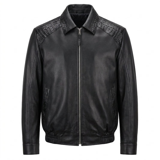 Kashani Jet Black Alligator Full Lambskin Bomber Jacket