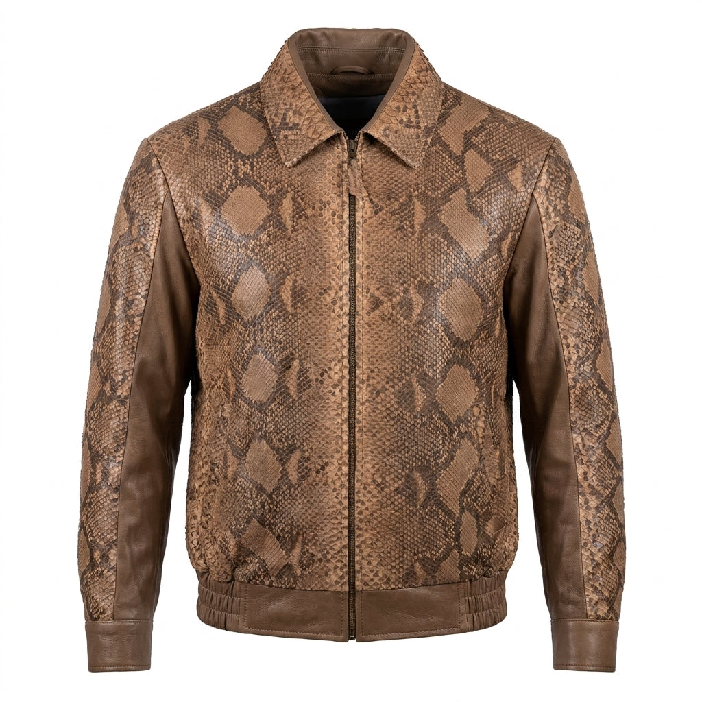 Kashani Tan Python Leather Bomber Jacket