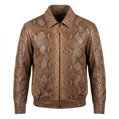 Kashani Tan Python Leather Bomber Jacket