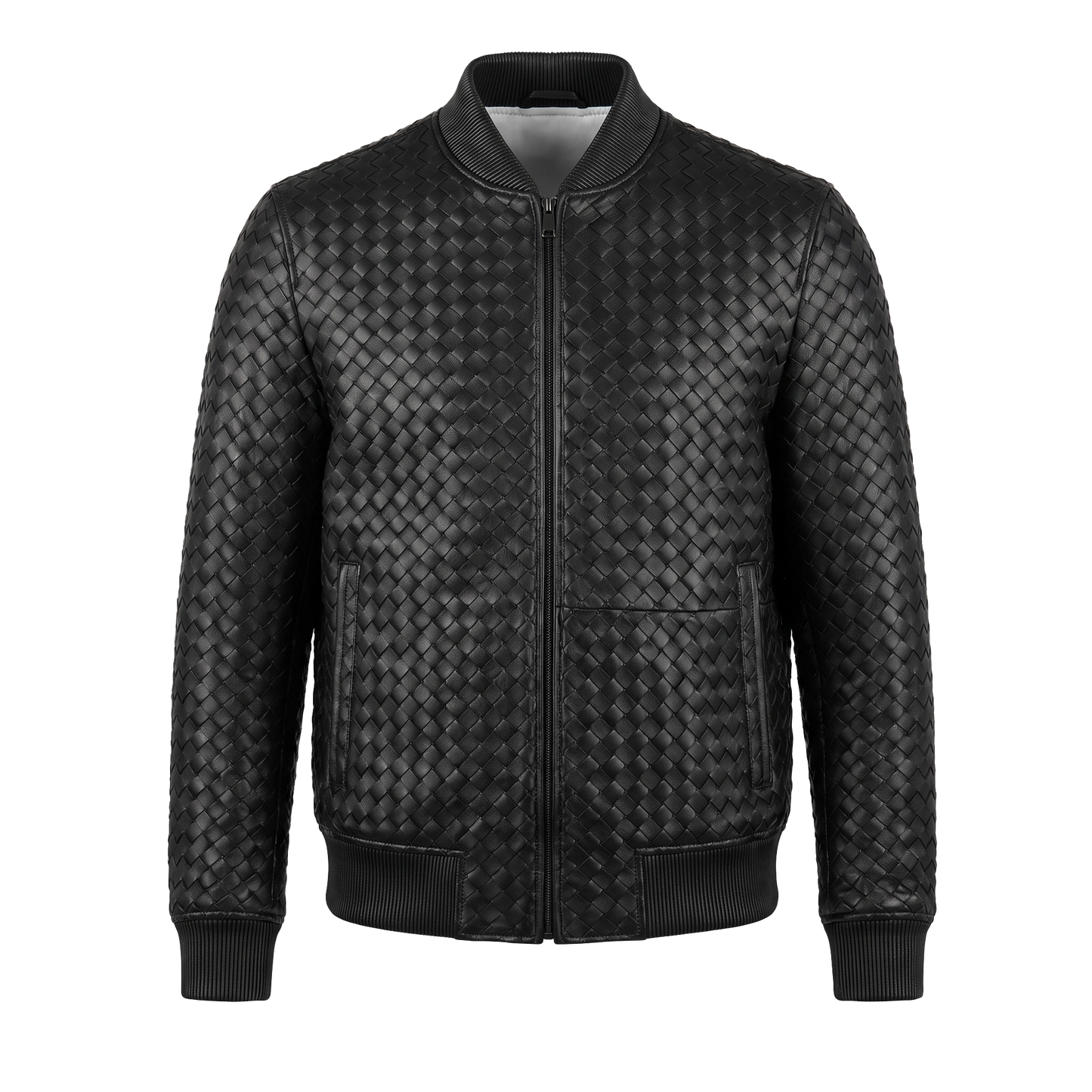 Kashani ID Black Handwoven Leather Bomber Jacket