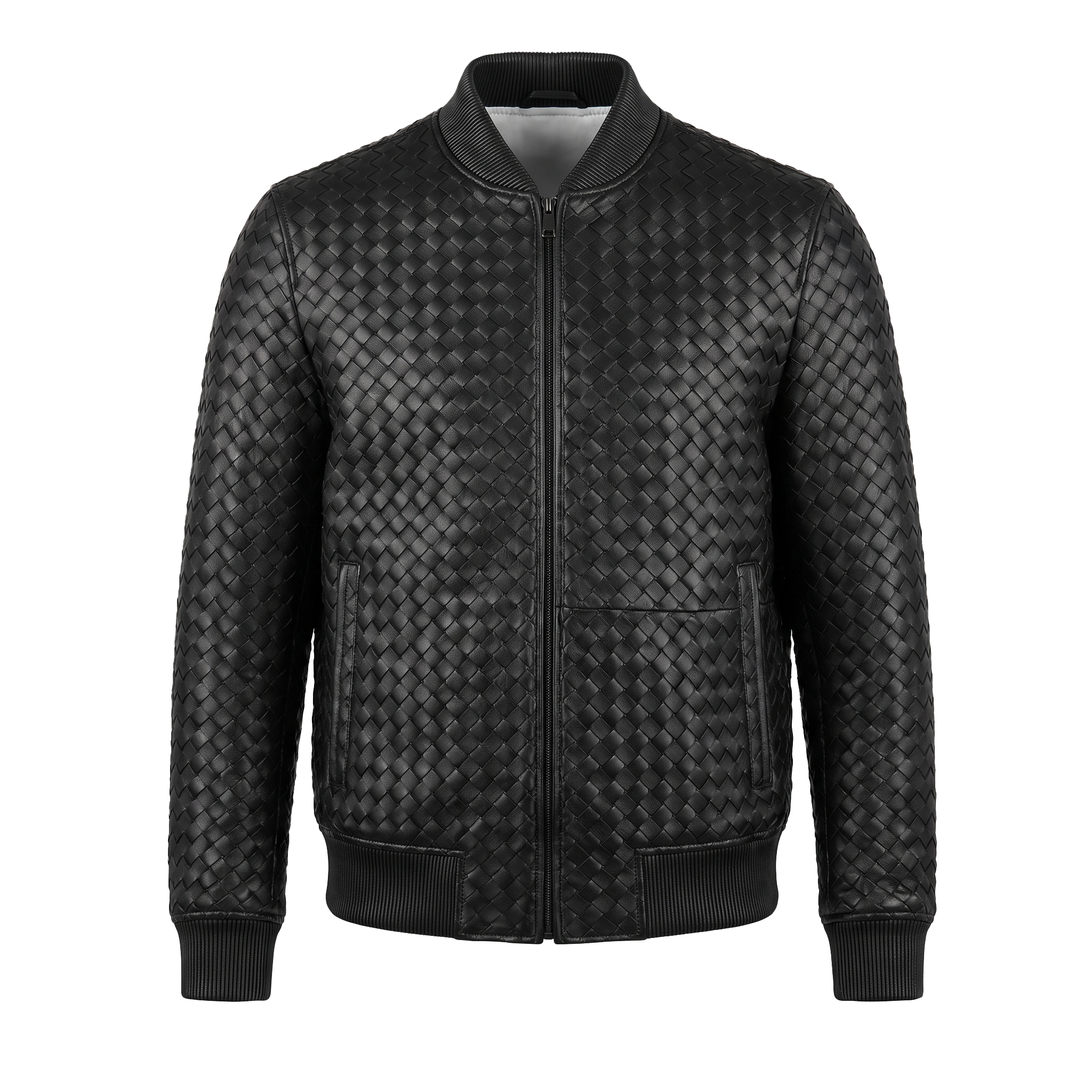 Kashani Black Handwoven Leather Bomber Jacket