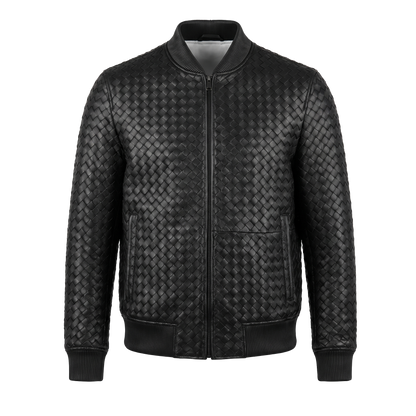 Kashani ID Black Handwoven Leather Bomber Jacket