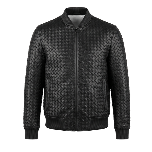 Kashani ID Black Handwoven Leather Bomber Jacket