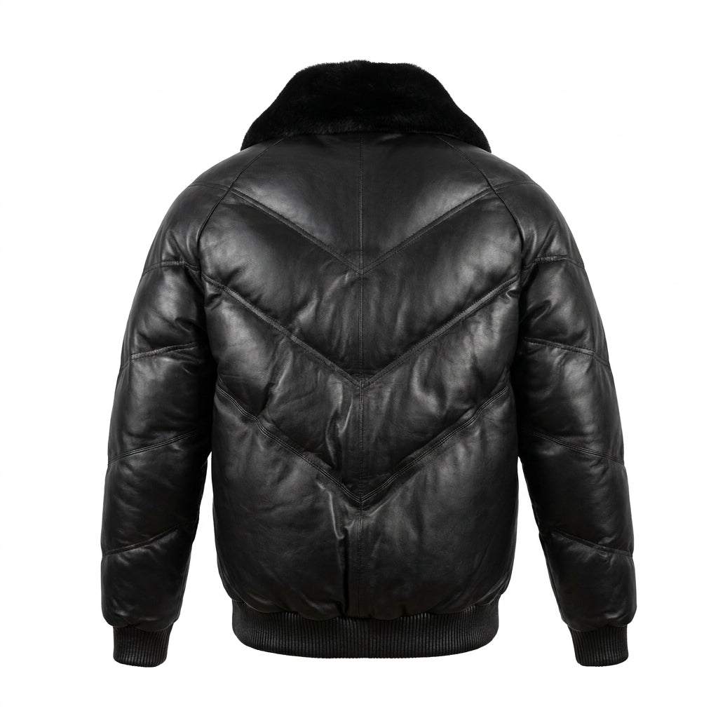 Kashani Black V Quilted Bomber Jacket w/ Sheepskin Collar