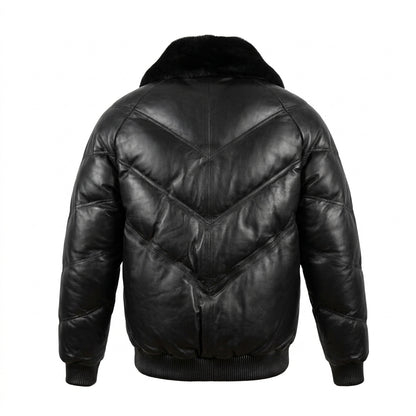 Kashani Black V Quilted Bomber Jacket w/ Sheepskin Collar