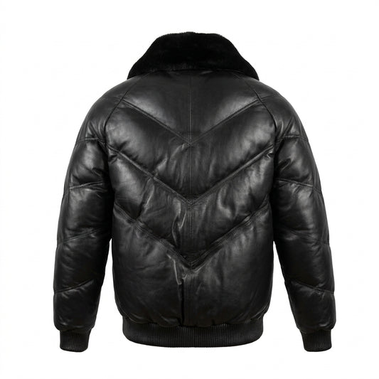 Kashani Black V Quilted Bomber Jacket w/ Sheepskin Collar