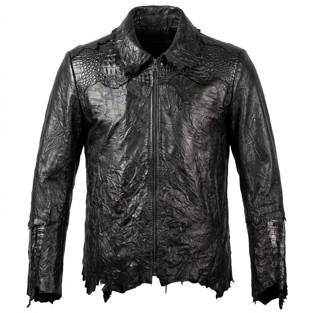 Kashani LUX Jet Black Raw Cut Alligator Lambskin Bomber Jacket