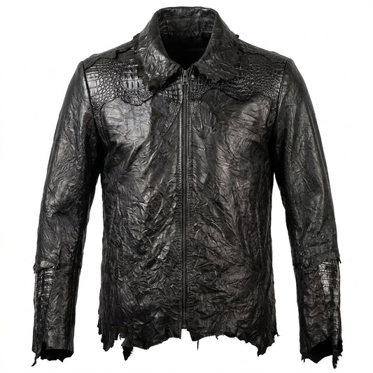 Kashani LUX Jet Black Raw Cut Alligator Lambskin Bomber Jacket