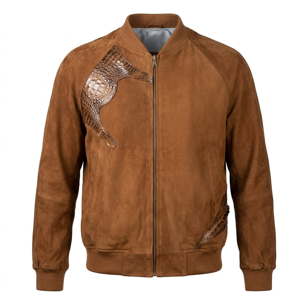 Kashani Chocolate Suede Alligator Body Wrap Bomber Jacket