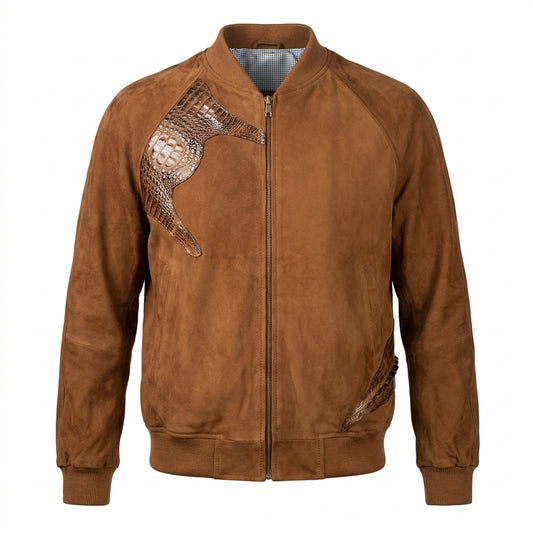 Kashani Chocolate Suede Alligator Body Wrap Bomber Jacket