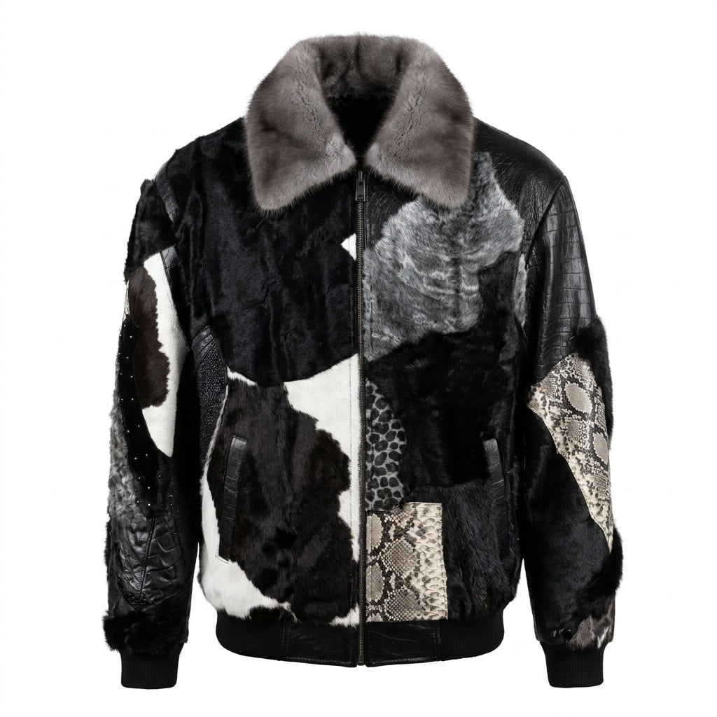 Kashani Black Patchwork Persian Lamb, Python & Crocodile Bomber Jacket