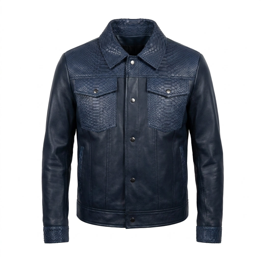 Kashani Navy Leather Trucker Jacket with Python Trim