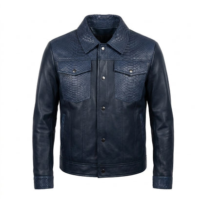 Kashani Navy Leather Trucker Jacket with Python Trim