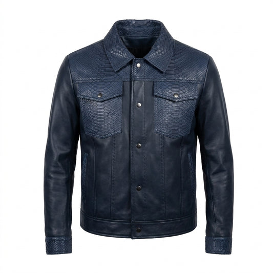 Kashani Navy Leather Trucker Jacket with Python Trim