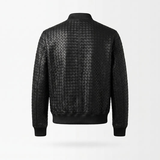 Kashani ID Black Handwoven Leather Bomber Jacket