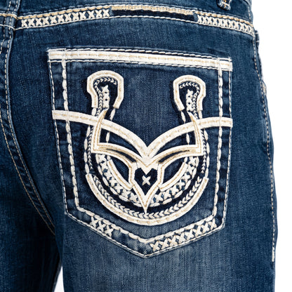 DeNiko Medium Wash Heavy Stitch Horseshoe Pocket Jeans