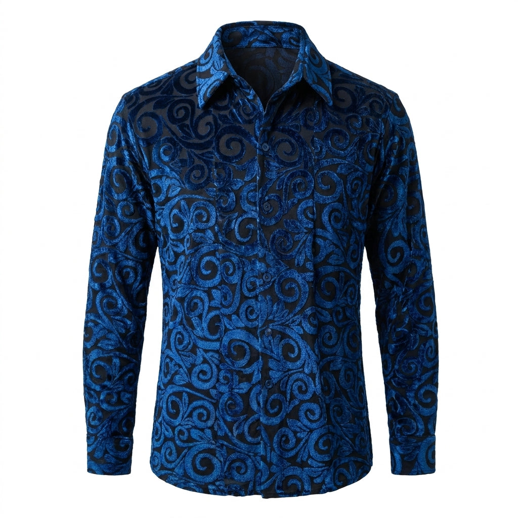 Pronti S6840 Royal Blue Burnout Velvet Button Up Shirt