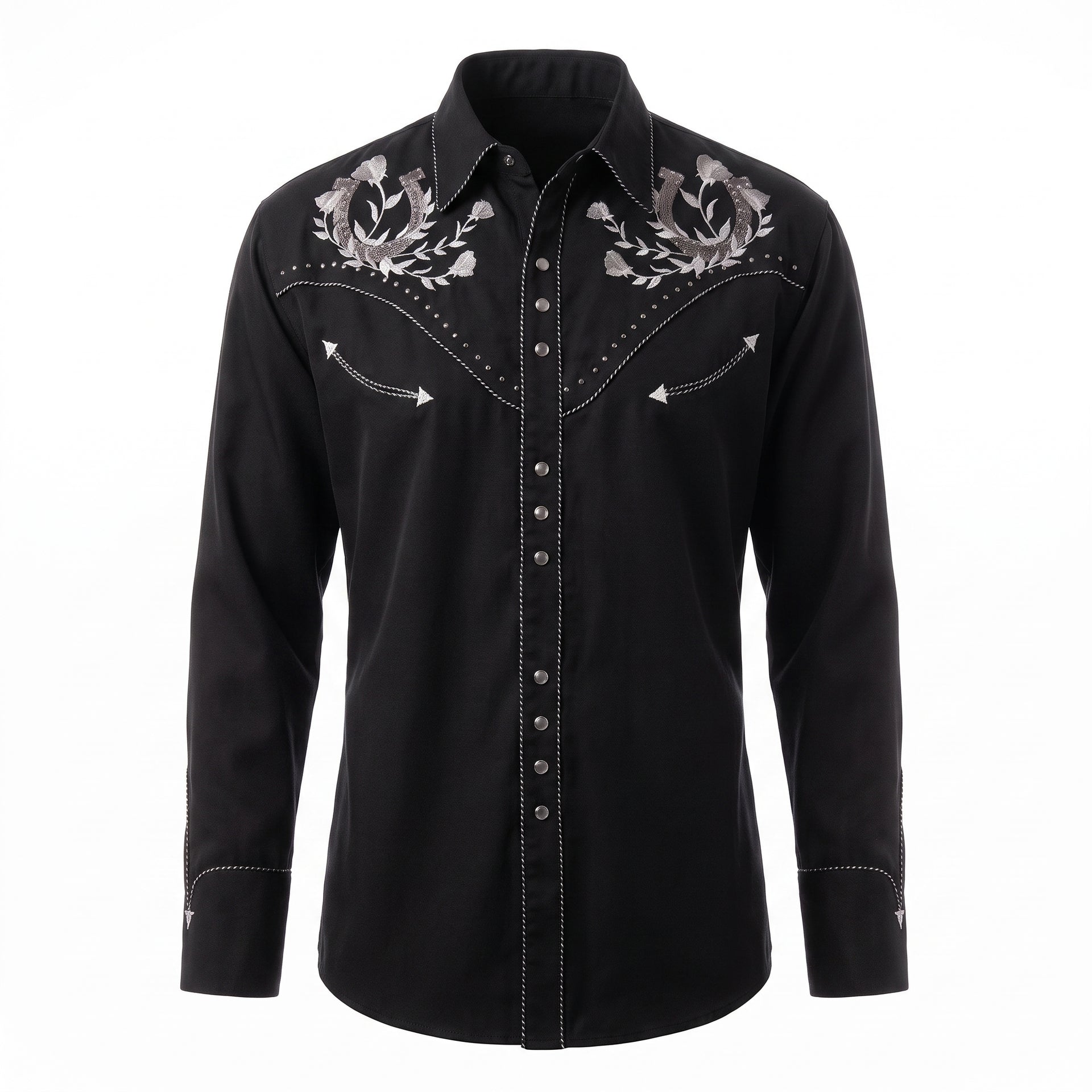 black western dress shirt Mens Cinch Long Sleeve Solid Button Down fitting shirt cut from lightweight cotton twill Scully Men's Black Horseshoe Embroidered