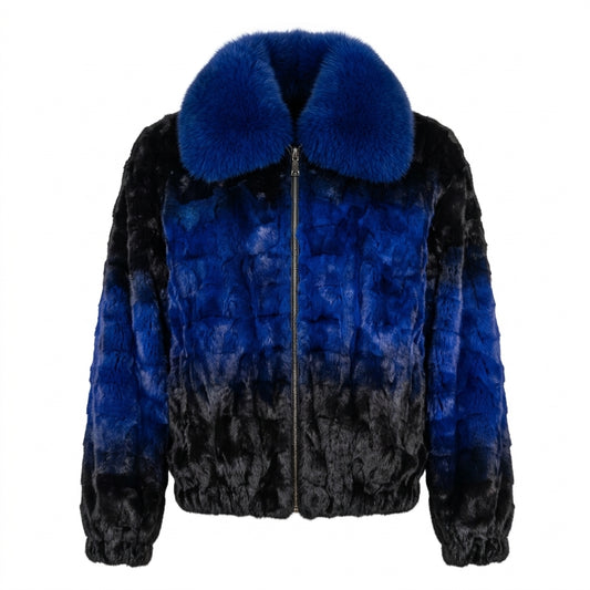 Kashani Royal Blue Fade Diamond Cut Mink Coat / Fox Fur Collar