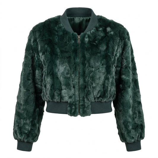 Kashani Women’s Green Diamond Cut Mink Cropped Bomber Jacket