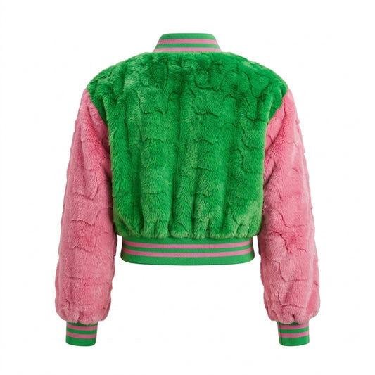 Kashani Women’s Pink/Green Diamond Cut Mink Cropped Bomber Jacket
