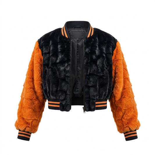 Kashani Women’s Navy/Orange Diamond Cut Mink Cropped Bomber Jacket