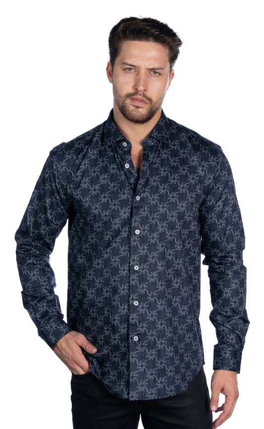 Johnny Q Men's Navy Geometric Print Button-Up Shirt - Dudes Boutique