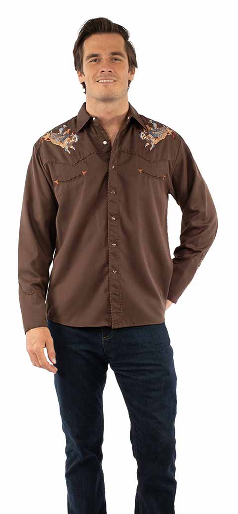 Scully Men’s Brown Embroidered Rodeo Bronco Western Shirt