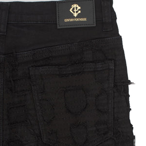 Patchwork Distressed Denim Jacket + Jeans SET - BLACK - Dudes Boutique