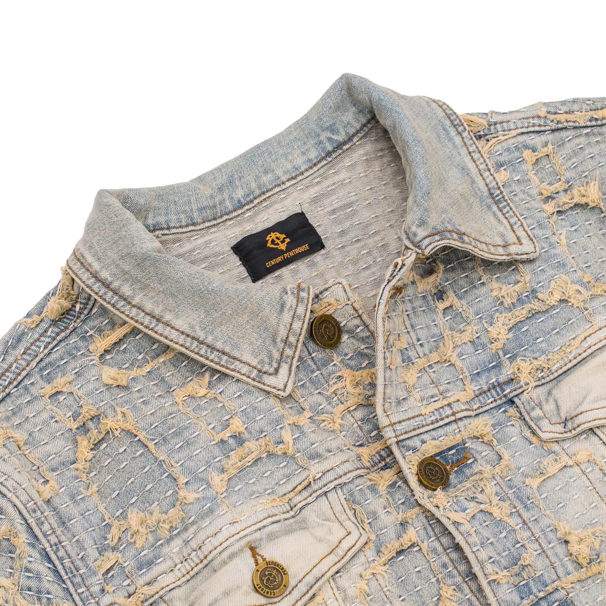 Patchwork Distressed Denim Jacket + Jeans SET - TAN - Dudes Boutique