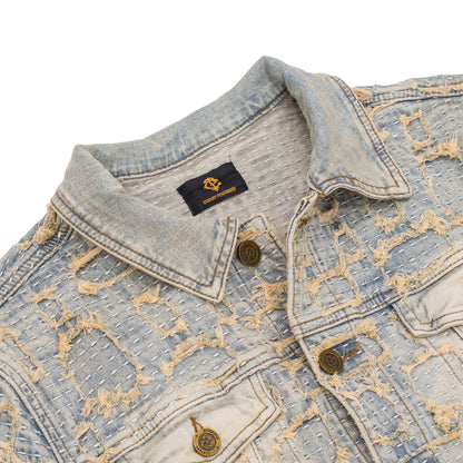 Patchwork Distressed Denim Jacket + Jeans SET - TAN - Dudes Boutique